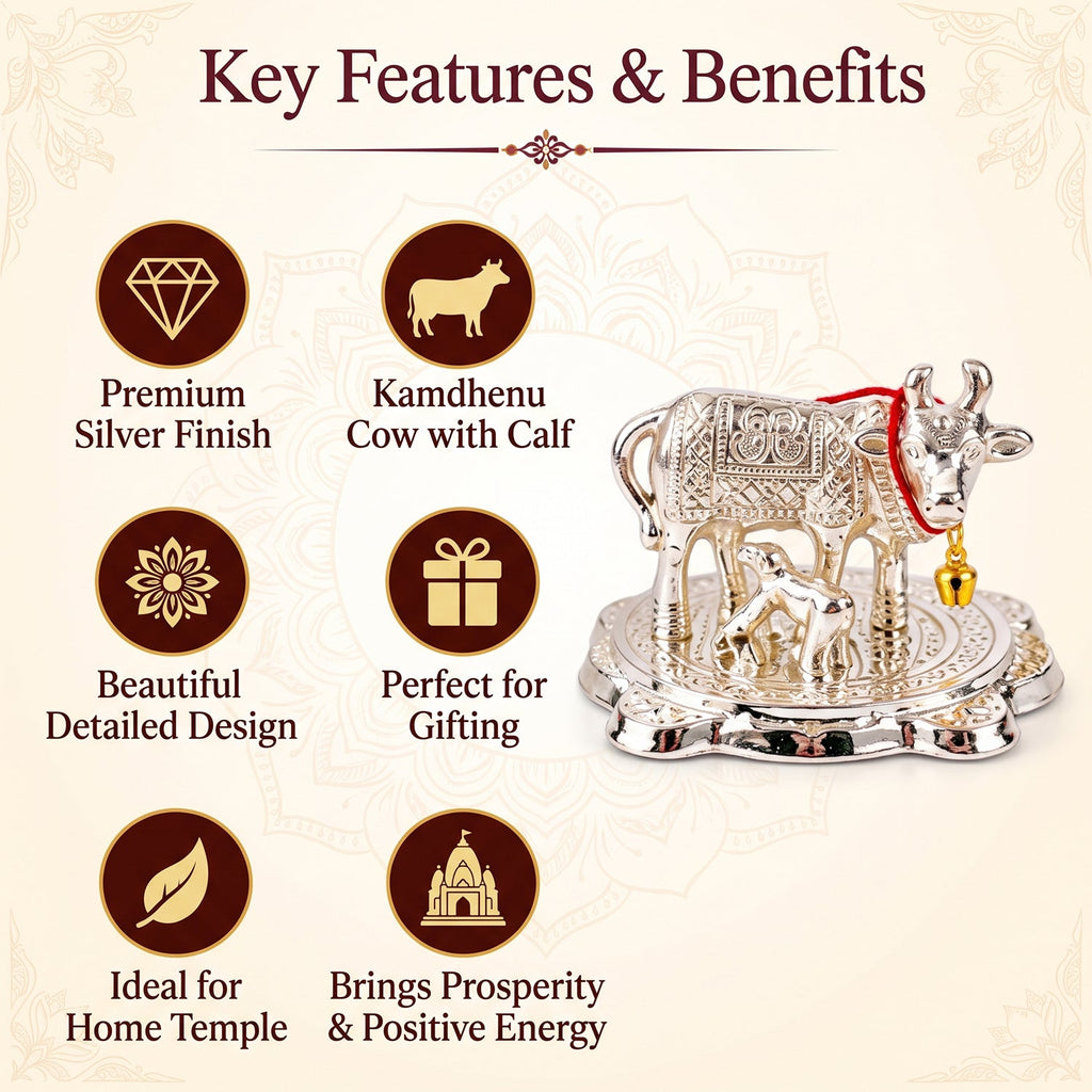 Silver Finish Kamdhenu Cow And Calf Pooja Idol With Velvet Gift Box (1 Pc)