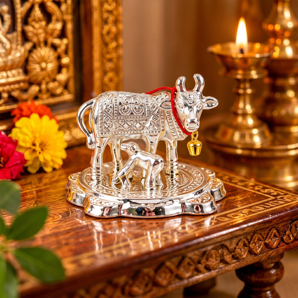 Silver Finish Kamdhenu Cow And Calf Pooja Idol With Velvet Gift Box (1 Pc)
