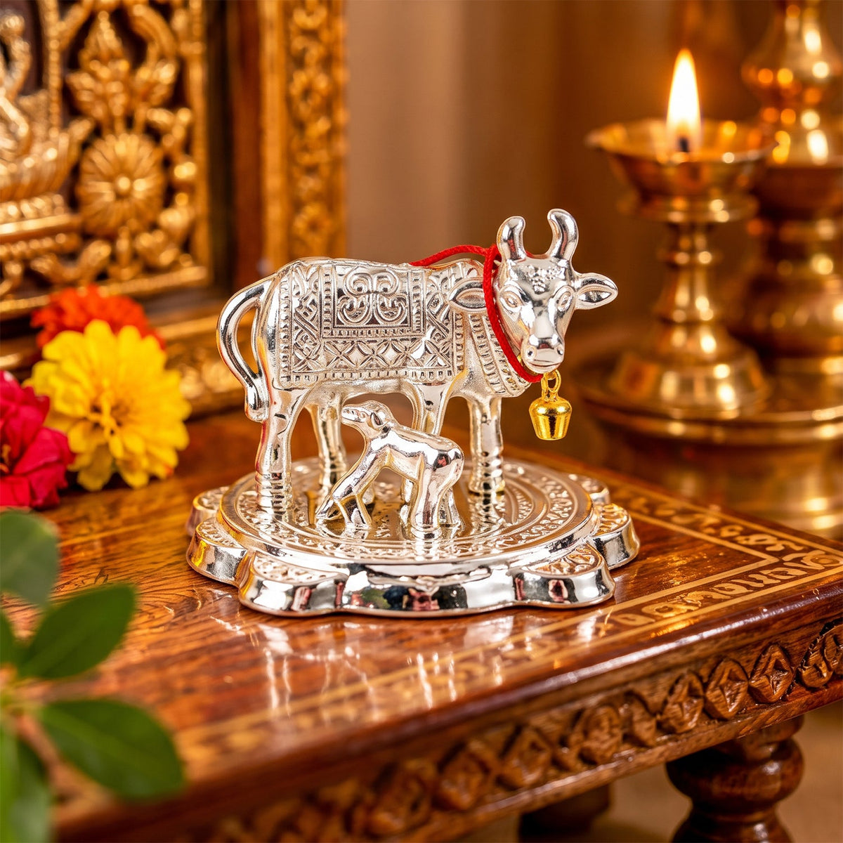 Silver Finish Kamdhenu Cow And Calf Pooja Idol With Velvet Gift Box (1 Pc)