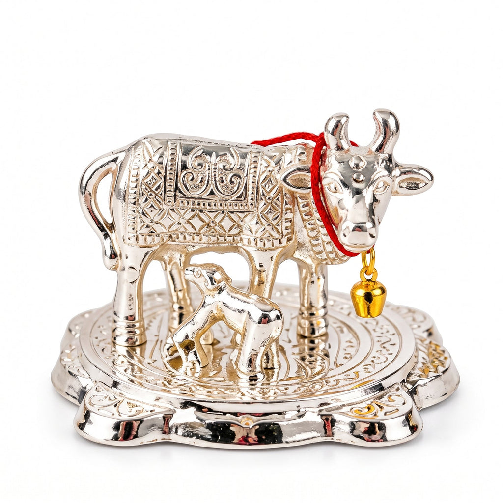 Silver Finish Kamdhenu Cow And Calf Pooja Idol With Velvet Gift Box (1 Pc)