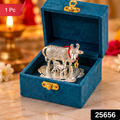 Silver Finish Kamdhenu Cow And Calf Pooja Idol With Velvet Gift Box (1 Pc)