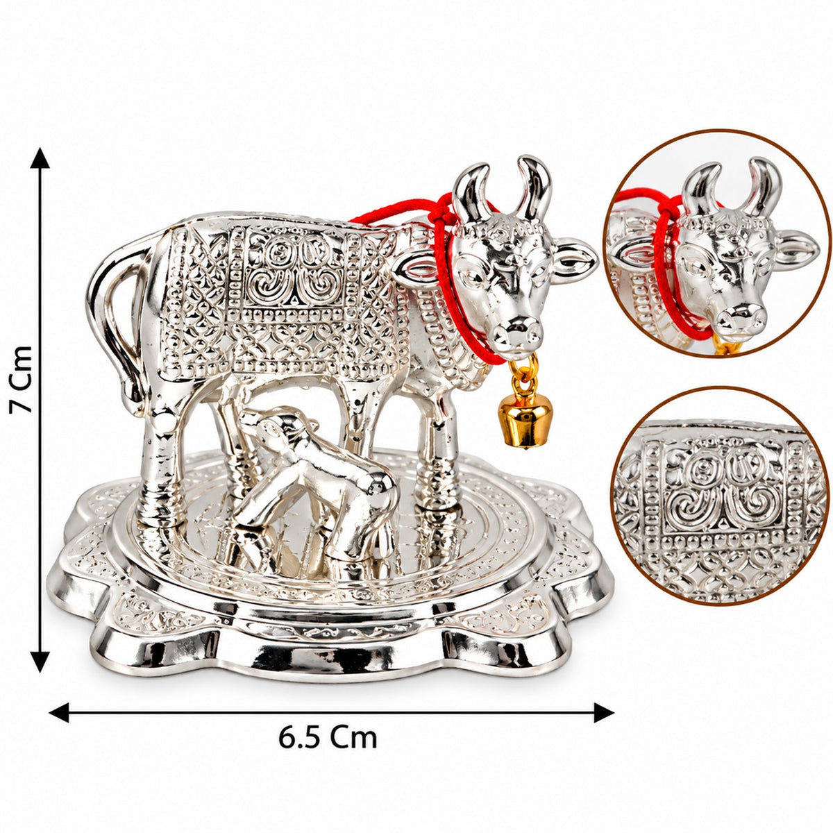 Silver Finish Kamdhenu Cow And Calf Pooja Idol With Velvet Gift Box (1 Pc)