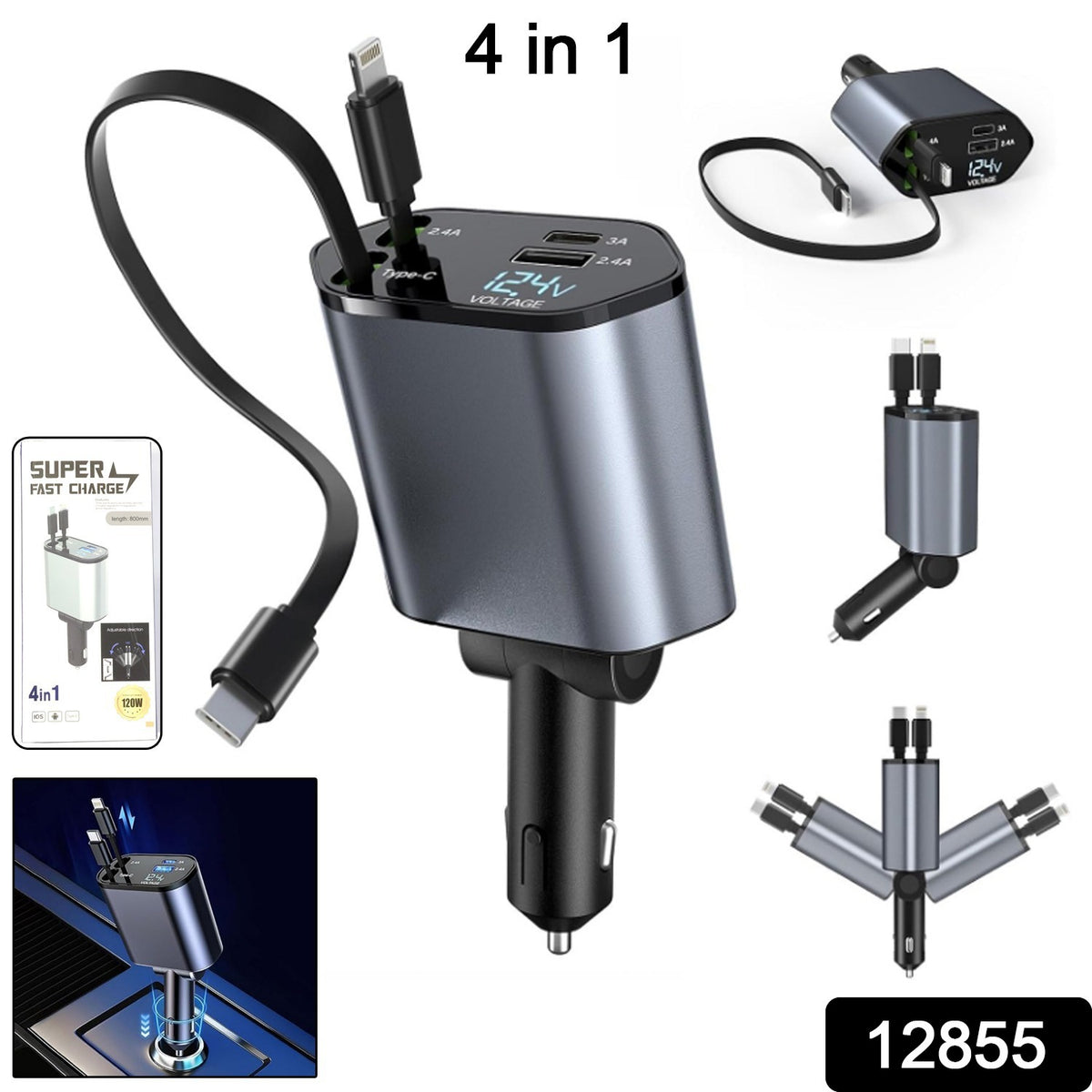4-in-1 Super Fast Car Charger With Dual Built-in Cables Dual Usb Ports